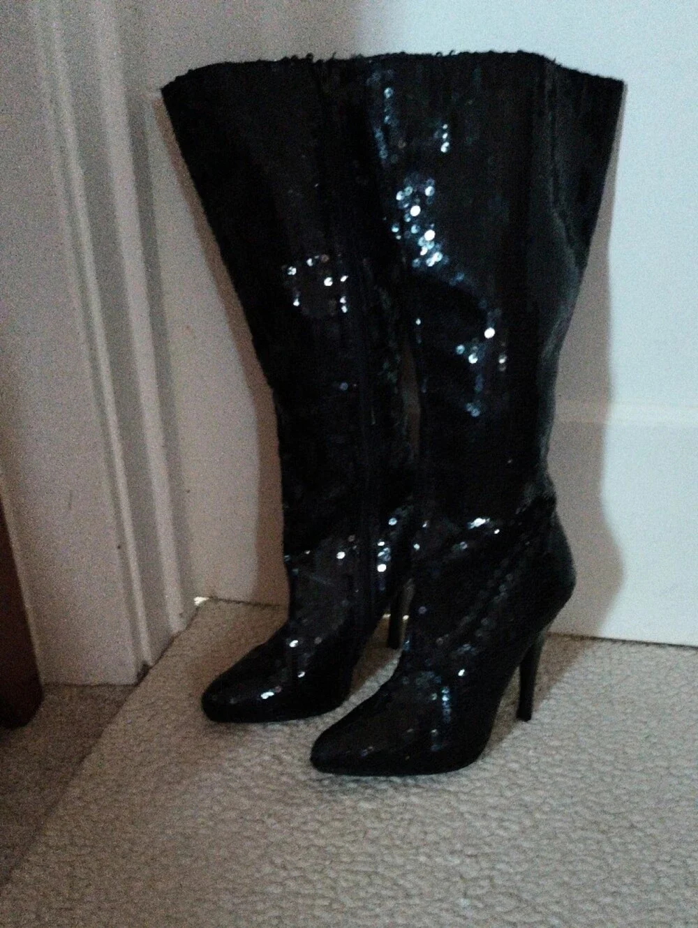 Black Sequin Knee-High Stiletto Boots - Women's